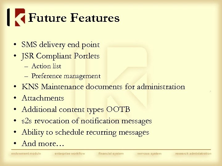 Future Features • SMS delivery end point • JSR Compliant Portlets – Action list