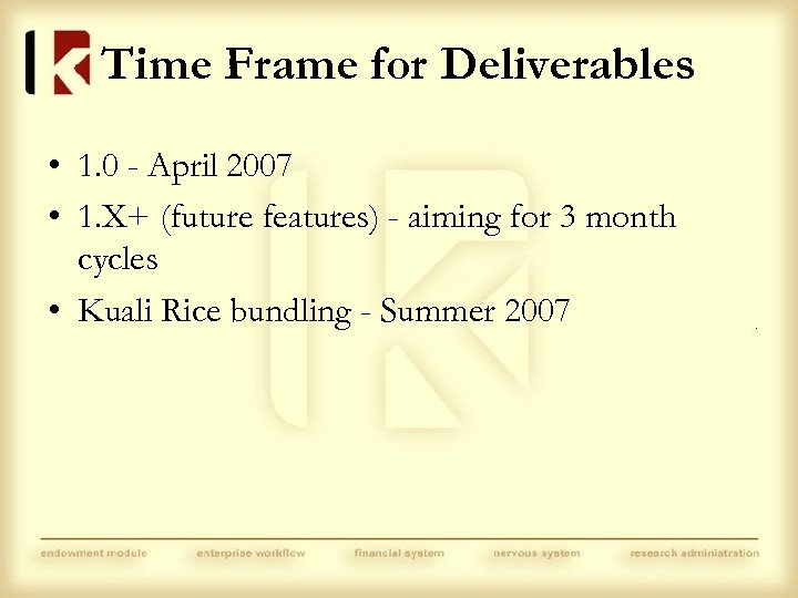 Time Frame for Deliverables • 1. 0 - April 2007 • 1. X+ (future