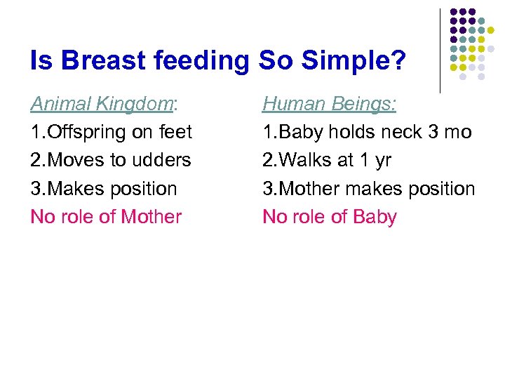 Is Breast feeding So Simple? Animal Kingdom: 1. Offspring on feet 2. Moves to