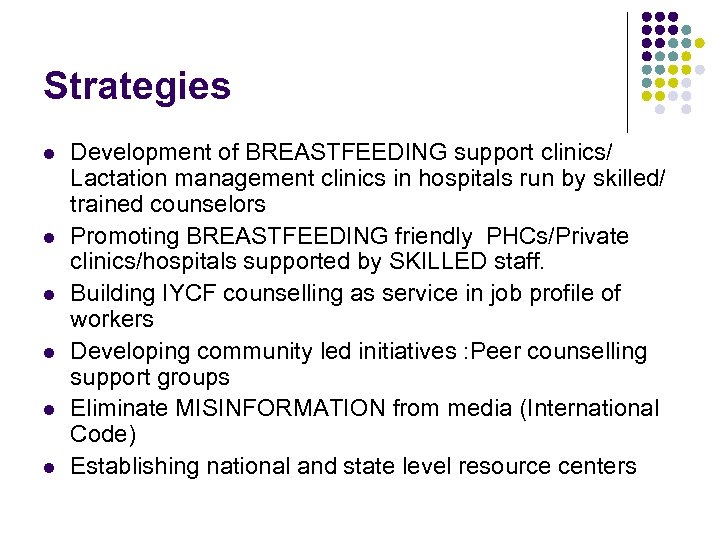 Strategies l l l Development of BREASTFEEDING support clinics/ Lactation management clinics in hospitals