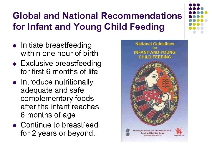 Global and National Recommendations for Infant and Young Child Feeding l l Initiate breastfeeding