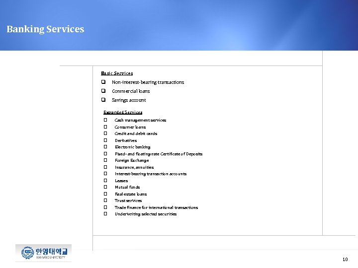 Banking Services Basic Services q Non-interest-bearing transactions q Commercial loans q Savings account Expanded