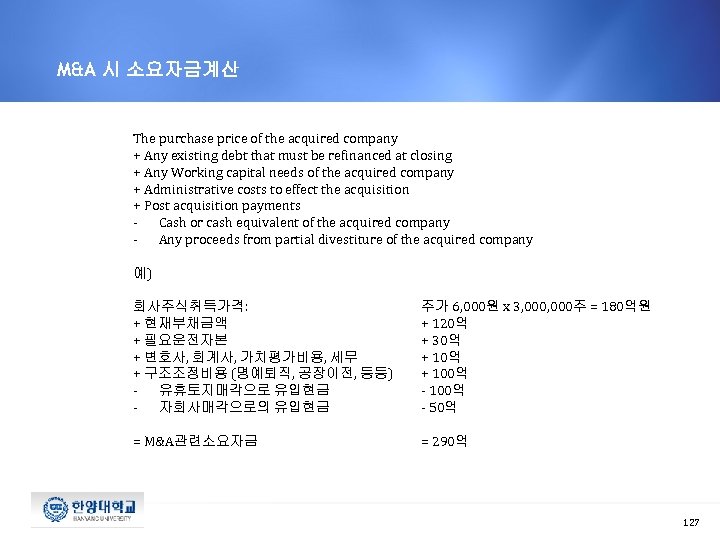 M&A 시 소요자금계산 The purchase price of the acquired company + Any existing debt