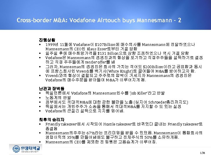 Cross-border M&A: Vodafone Airtouch buys Mannesmann - 2 진행상황 § 1999년 11월에 Vodafone이 $107