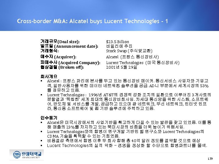 Cross-border M&A: Alcatel buys Lucent Technologies - 1 거래규모(Deal size): 발표일 (Announcement date): 거래형식: