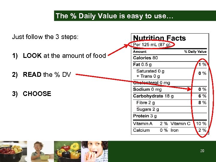 The % Daily Value is easy to use… Just follow the 3 steps: 1)