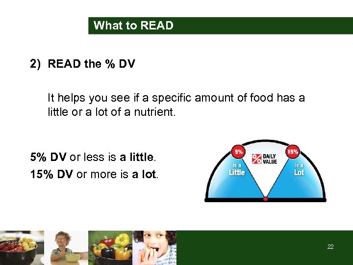 What to READ 2) READ the % DV It helps you see if a