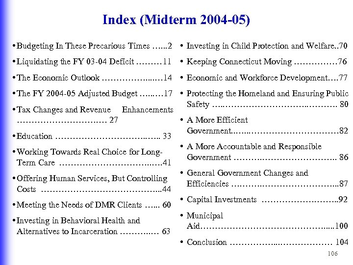 Index (Midterm 2004 -05) • Budgeting In These Precarious Times …. . . 2