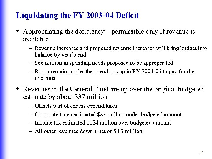 Liquidating the FY 2003 -04 Deficit • Appropriating the deficiency – permissible only if