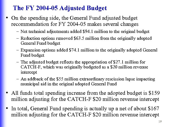 The FY 2004 -05 Adjusted Budget • On the spending side, the General Fund