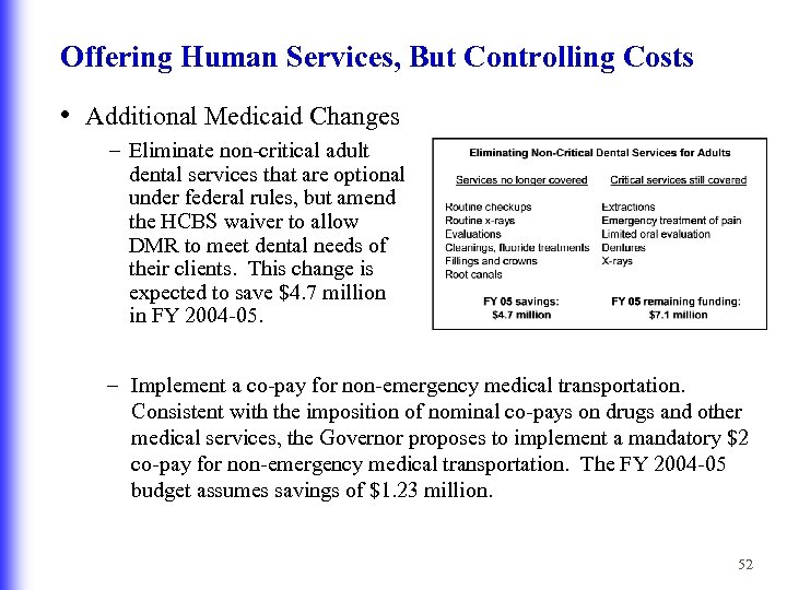 Offering Human Services, But Controlling Costs • Additional Medicaid Changes – Eliminate non-critical adult