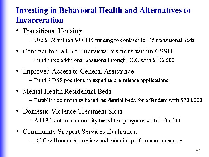 Investing in Behavioral Health and Alternatives to Incarceration • Transitional Housing – Use $1.