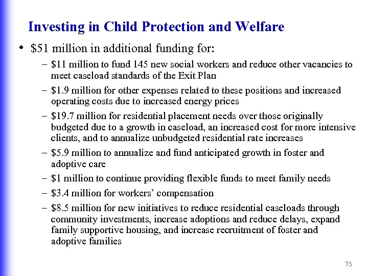 Investing in Child Protection and Welfare • $51 million in additional funding for: –