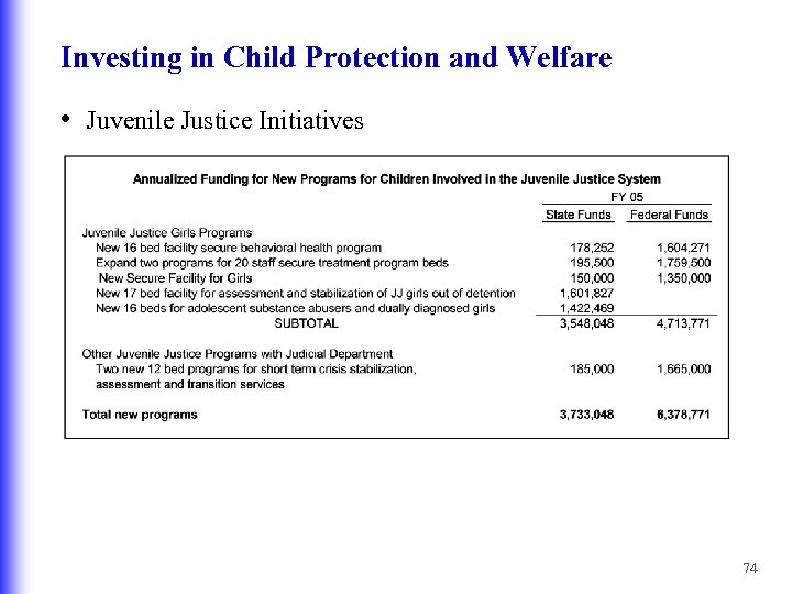 Investing in Child Protection and Welfare • Juvenile Justice Initiatives 74 