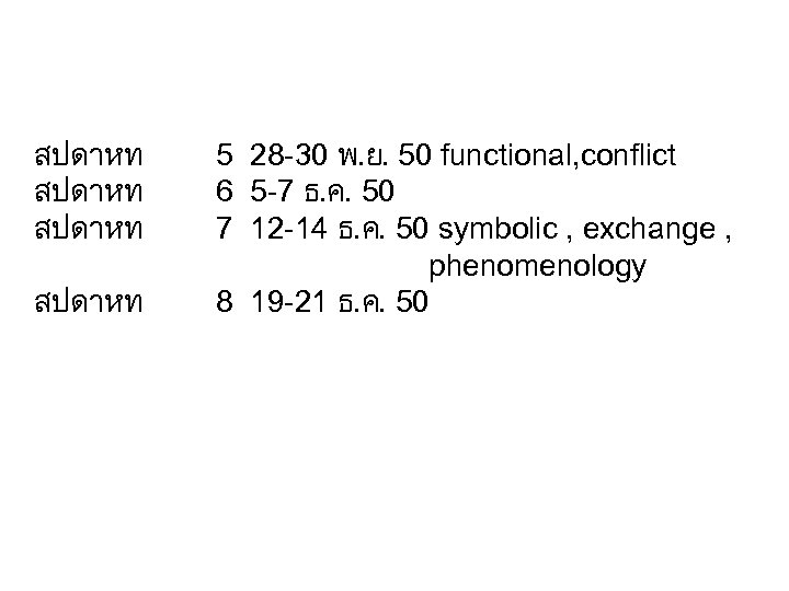 สปดาหท 5 28 -30 พ. ย. 50 functional, conflict 6 5 -7 ธ. ค.