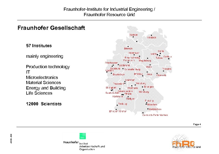 Fraunhofer-Institute for Industrial Engineering / Fraunhofer Resource Grid Fraunhofer Gesellschaft 57 Institutes mainly engineering