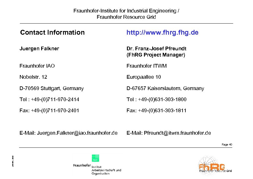 Fraunhofer-Institute for Industrial Engineering / Fraunhofer Resource Grid Contact Information http: //www. fhrg. fhg.
