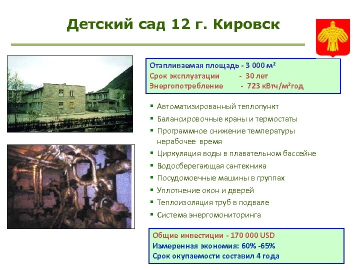 Детский сад 12 г. Кировск Отапливаемая площадь - 3 000 м 2 Срок эксплуатации