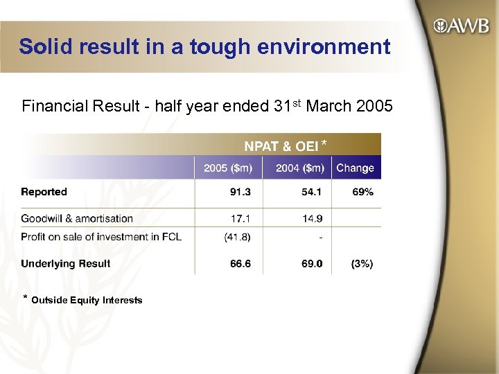 Solid result in a tough environment Financial Result - half year ended 31 st