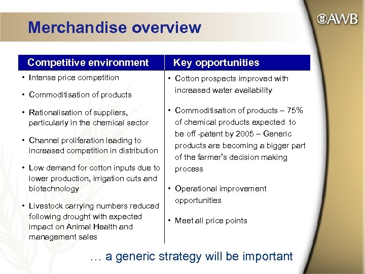 Merchandise overview Competitive environment • Intense price competition • Commoditisation of products Key opportunities