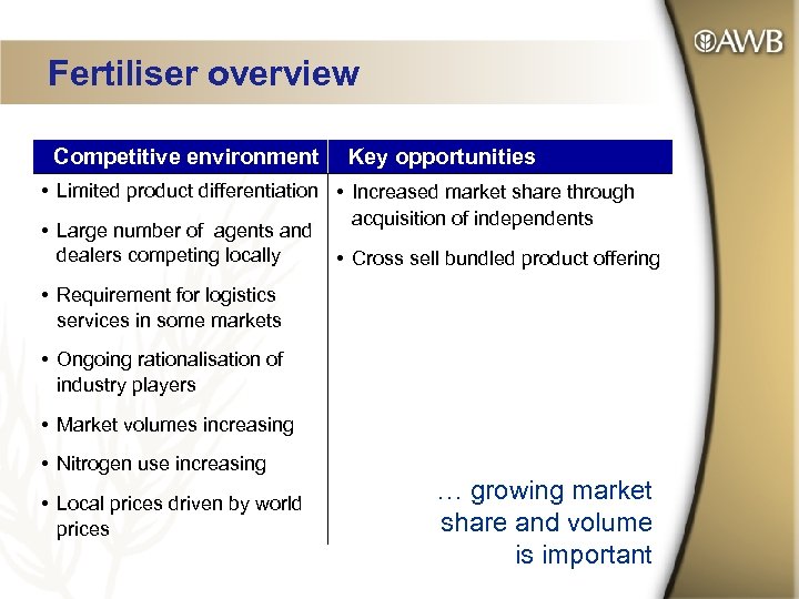Fertiliser overview Competitive environment Key opportunities • Limited product differentiation • Increased market share