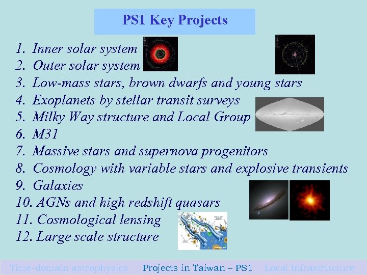 PS 1 Key Projects 1. Inner solar system 2. Outer solar system 3. Low-mass