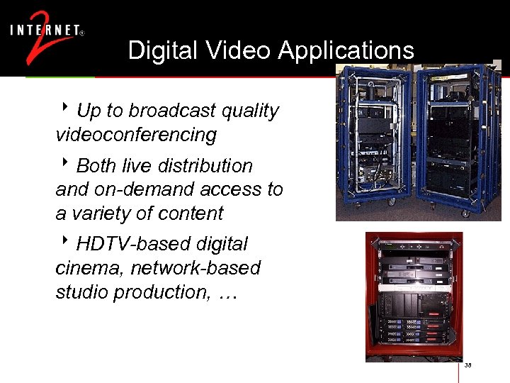 Digital Video Applications 8 Up to broadcast quality videoconferencing 8 Both live distribution and