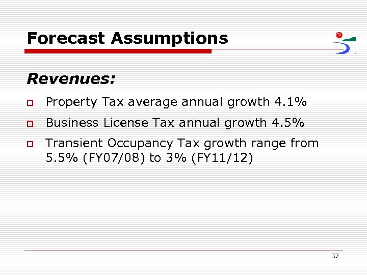 Forecast Assumptions Revenues: o Property Tax average annual growth 4. 1% o Business License