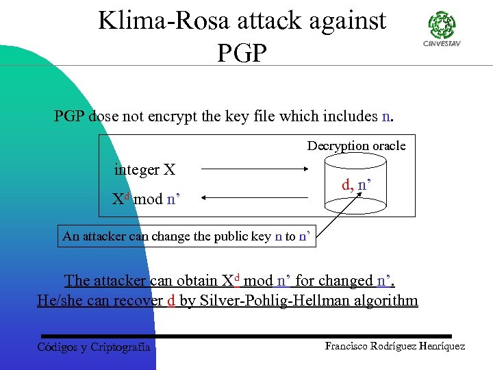 Klima-Rosa attack against PGP dose not encrypt the key file which includes n. Decryption