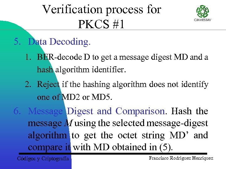 Verification process for PKCS #1 5. Data Decoding. 1. BER-decode D to get a
