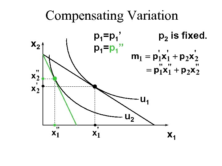 Compensating Variation x 2 p 1=p 1’ p 1=p 1” p 2 is fixed.