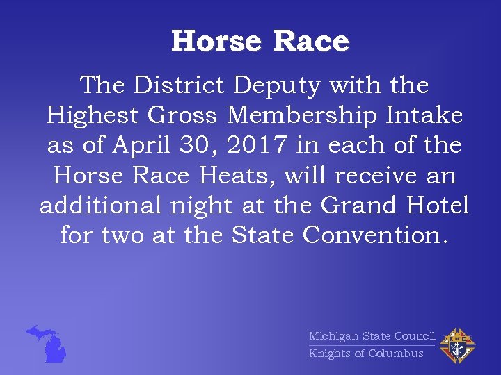 Horse Race The District Deputy with the Highest Gross Membership Intake as of April