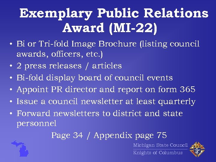 Exemplary Public Relations Award (MI-22) • Bi or Tri-fold Image Brochure (listing council awards,