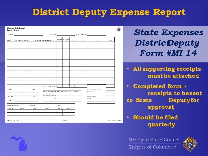 District Deputy Expense Report State Expenses District Deputy Form #MI 14 • All supporting