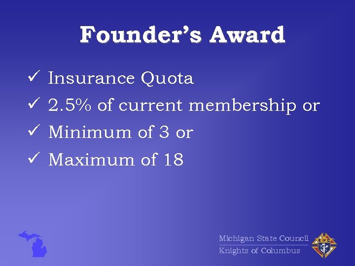 Founder’s Award ü Insurance Quota ü 2. 5% of current membership or ü Minimum