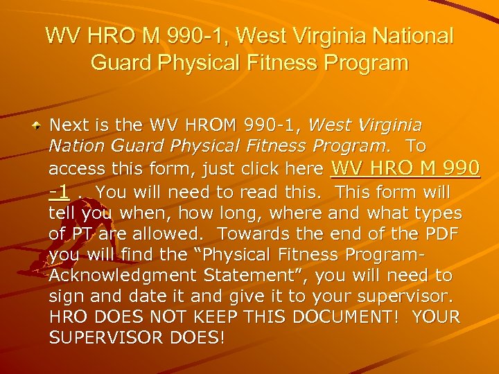 WV HRO M 990 -1, West Virginia National Guard Physical Fitness Program Next is