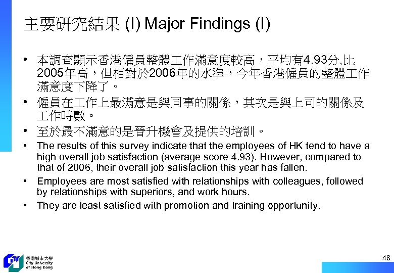 主要研究結果 (I) Major Findings (I) • 本調查顯示香港僱員整體 作滿意度較高，平均有4. 93分, 比 2005年高，但相對於 2006年的水準，今年香港僱員的整體 作 滿意度下降了。