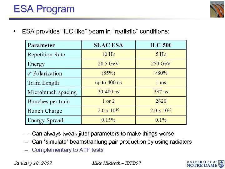 ESA Program • ESA provides “ILC-like” beam in “realistic” conditions: – Can always tweak