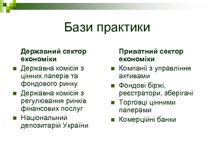 Бази практики n n n Державний сектор економіки Державна комісія з цінних паперів та