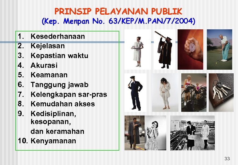 PRINSIP PELAYANAN PUBLIK (Kep. Menpan No. 63/KEP/M. PAN/7/2004) 1. 2. 3. 4. 5. 6.