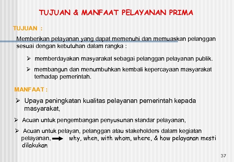 TUJUAN & MANFAAT PELAYANAN PRIMA TUJUAN : Memberikan pelayanan yang dapat memenuhi dan memuaskan