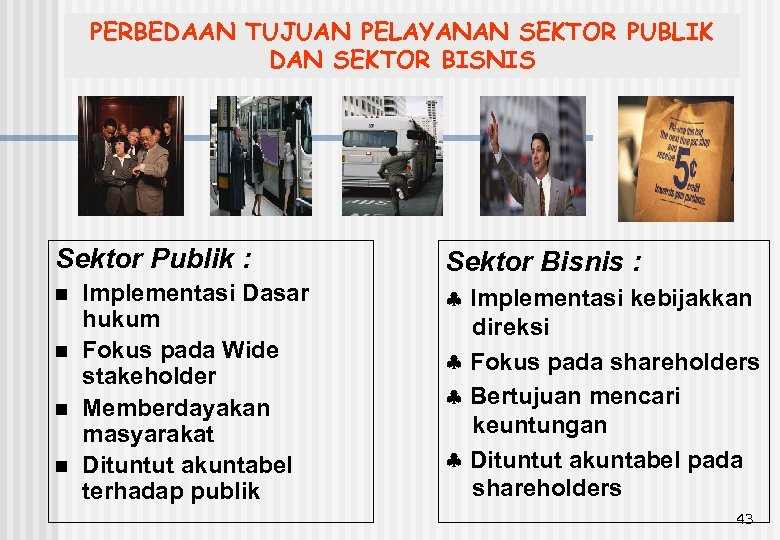 PERBEDAAN TUJUAN PELAYANAN SEKTOR PUBLIK DAN SEKTOR BISNIS Sektor Publik : n n Implementasi