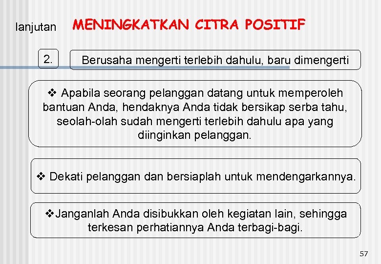 lanjutan 2. MENINGKATKAN CITRA POSITIF Berusaha mengerti terlebih dahulu, baru dimengerti v Apabila seorang