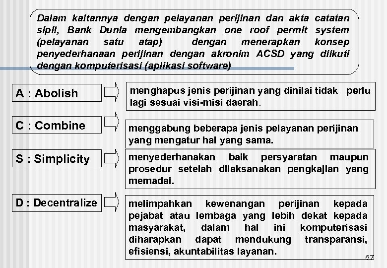 Dalam kaitannya dengan pelayanan perijinan dan akta catatan sipil, Bank Dunia mengembangkan one roof