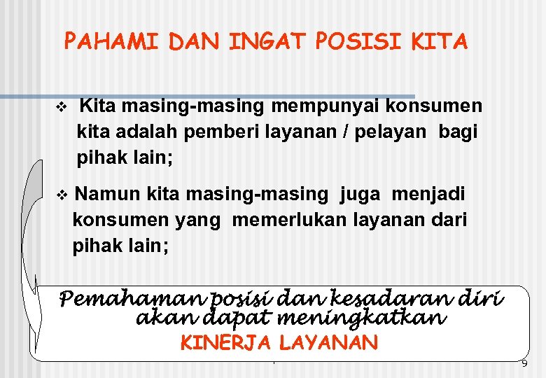 PAHAMI DAN INGAT POSISI KITA v v Kita masing-masing mempunyai konsumen kita adalah pemberi