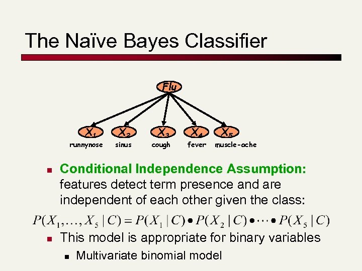 The Naïve Bayes Classifier Flu X 1 runnynose n n X 2 sinus X