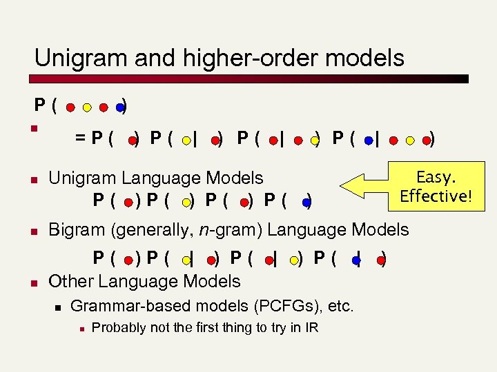 Unigram and higher-order models P( n n ) =P( ) P( | Unigram Language