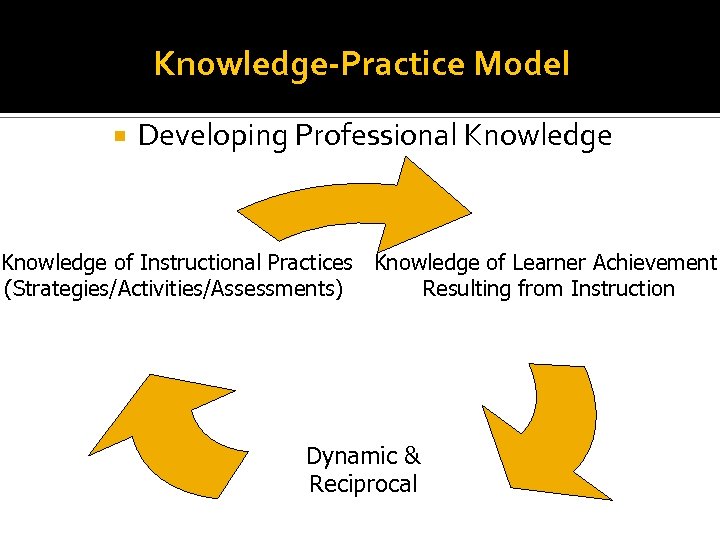 Knowledge-Practice Model Developing Professional Knowledge of Instructional Practices Knowledge of Learner Achievement (Strategies/Activities/Assessments) Resulting