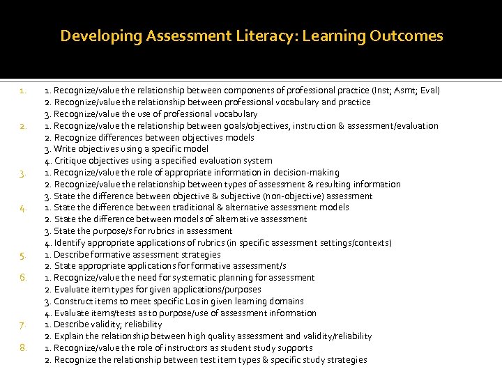 Developing Assessment Literacy: Learning Outcomes 1. 2. 3. 4. 5. 6. 7. 8. 1.