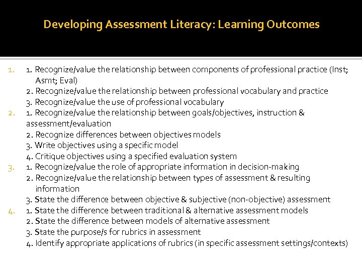 Developing Assessment Literacy: Learning Outcomes 1. 2. 3. 4. 1. Recognize/value the relationship between